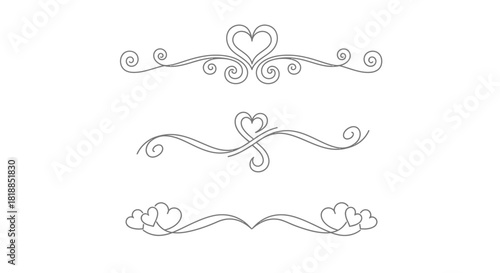 Elegant heart scroll divider elements for Valentine's Day or wedding designs, romantic flourishes and decorative accents, delicate swirls for stationery projects