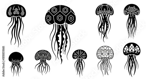 Mesmerizing Jellyfish Collection: Black and White Sea Creatures with Unique Patterns, Perfect for Nautical Designs and Ocean-Themed Projects, originally vector graphics