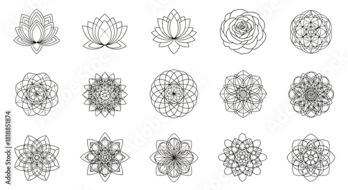 Elegant floral mandala collection featuring lotus and rose designs, perfect for spiritual art, tattoo templates, and modern design projects, minimalist aesthetic