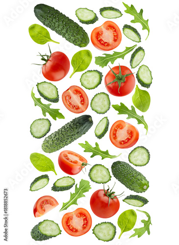 Healthy food background - decorative stripe, flow, border of flying diet vegetable salad ingredients, isolated. Red tomatoes, cucumbers, green leaves. Summer food for detox menu, fitness meal, design.