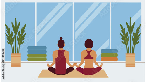 Elegant vector illustration of a couple practicing yoga or a similar mindful activity together showcasing harmony and connection in a serene setting with vibrant colors