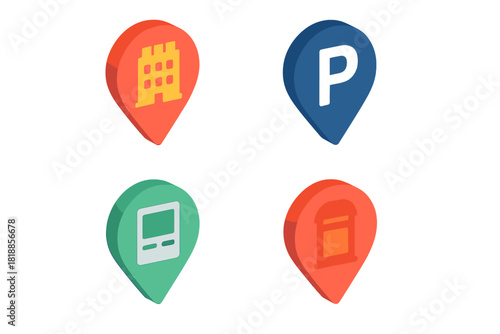Four colorful 3D isometric map pins showing location icons for navigation and travel services