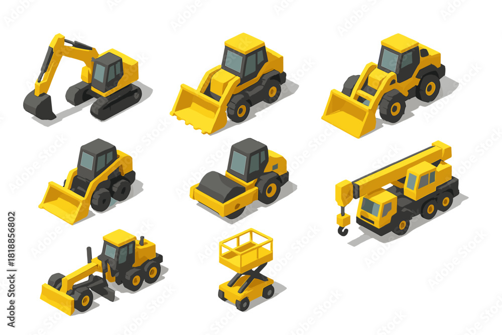 Fototapeta premium Heavy yellow construction and road building machinery including crane and excavator