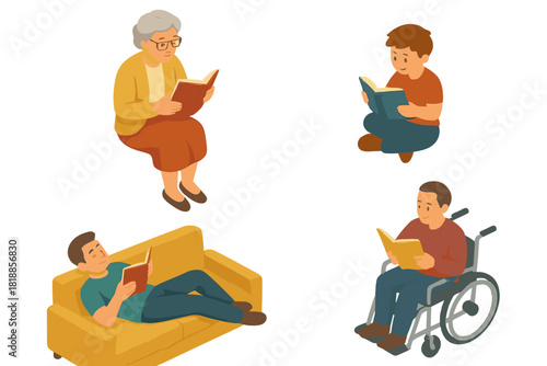 Diverse individuals reading books and enjoying literature and relaxation time