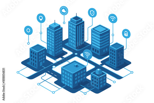 Isometric smart city infrastructure with connected buildings and technology icons for network data security