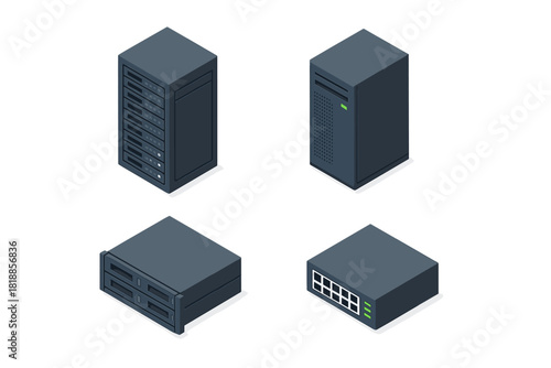 Isometric data center equipment set with server racks, network switch, and storage devices