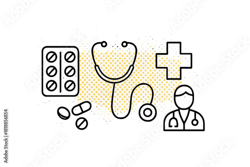 Medical icons set featuring a stethoscope, pills, blister pack, cross symbol, and doctor figure outline