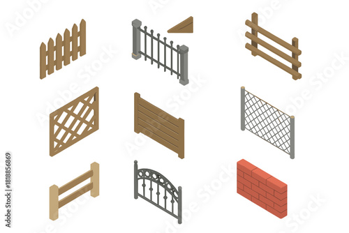 Isometric set of various fence and wall types including wood picket, wrought iron, lattice, and brick segments