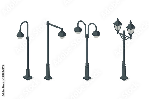 Isometric set of various street lamps and outdoor lighting fixtures for urban design