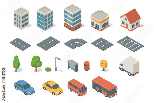 Isometric city constructor kit with buildings, roads, vehicles, and street elements