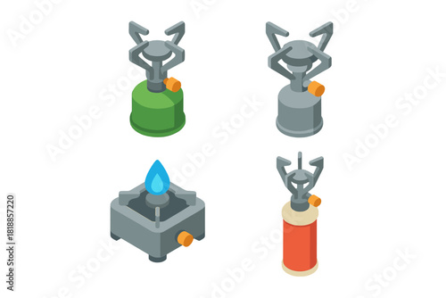 Collection of compact outdoor camping cooking gas burners in isometric icon style