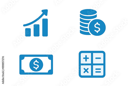 Set of financial and business icons featuring growth chart, money, coins, and calculator