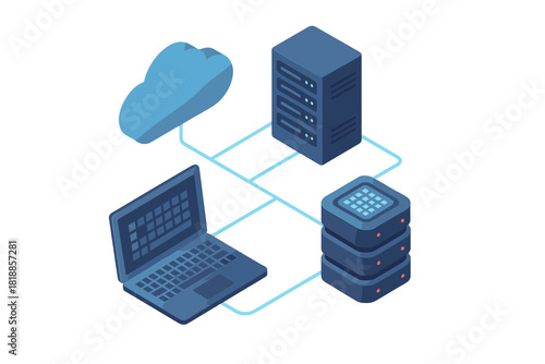 Isometric cloud computing network infrastructure connecting laptop, server, and data storage devices