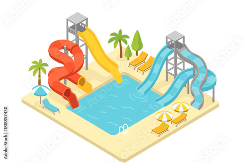 Colorful water park with multiple slides, swimming pool, palm trees, and sun loungers on a sandy beach area