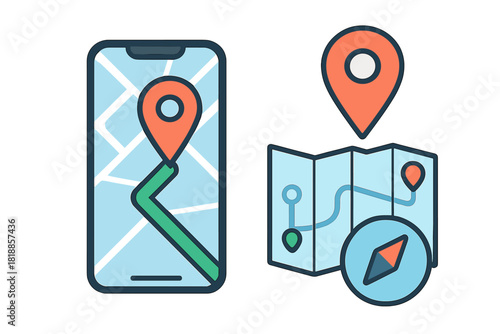 Digital GPS navigation on smartphone screen next to traditional folded paper map and compass
