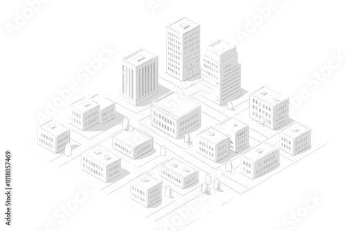 Monochrome isometric city layout with modern buildings and residential structures