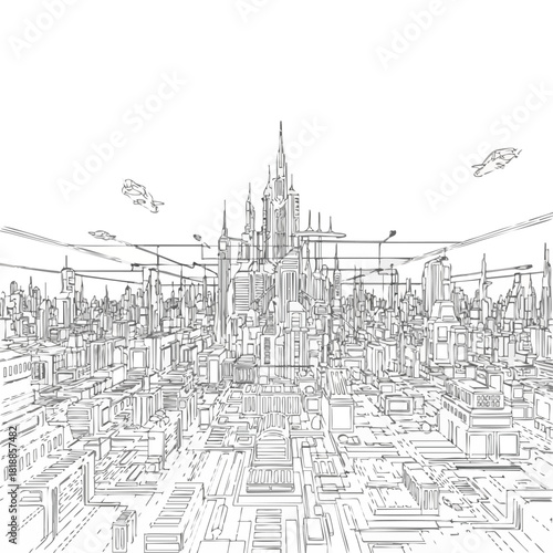 An intricate, expansive line art illustration depicting a futuristic cityscape with towering structures, advanced transportation, and a complex network, perfect for conceptual designs.