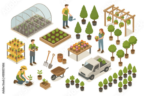 Isometric collection of gardening and nursery elements: workers, plants, greenhouse, tools, and delivery truck