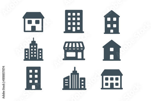 Set of simple dark gray buildings including residential houses and commercial towers