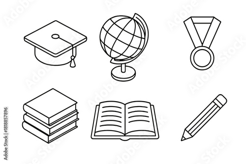 Graduation cap, school globe, stack of books, open textbook, pencil, and award medal symbols