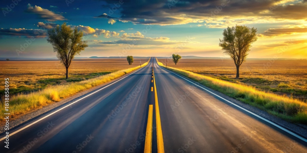 Naklejka premium Asphalt ribbon unwinding towards a vibrant sunset, flanked by solitary trees and golden fields, promising an open road adventure