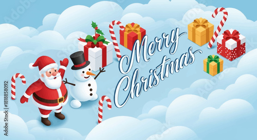 Cheerful Santa Claus and snowman with gift boxes and candy canes celebrating Christmas on a cloudy sky background illustration