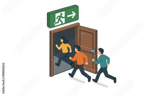 Group of people rushing through an open doorway marked with a standard green emergency exit sign