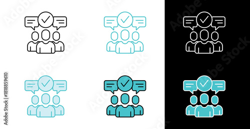 Team with chat and check mark icon for communication and collaboration in line and fill style