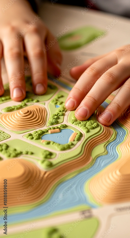 Fototapeta premium Hands Touching 3D Topographical Map Model