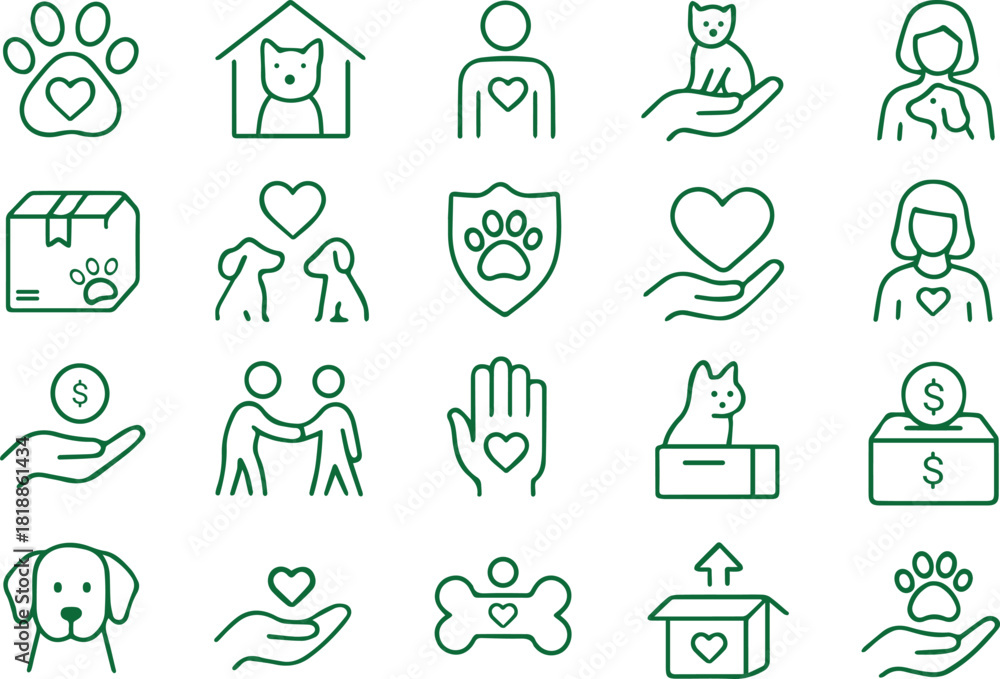 Φωτογραφία A collection of line art icons representing animal welfare, pet care, adoption,