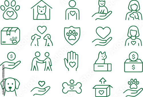 A collection of line art icons representing animal welfare, pet care, adoption, donation, and veterinary services, isolated on white background