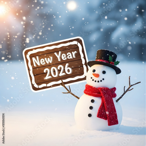 Cheerful snowman holding a new year 2026 wooden sign amidst falling snow in winter