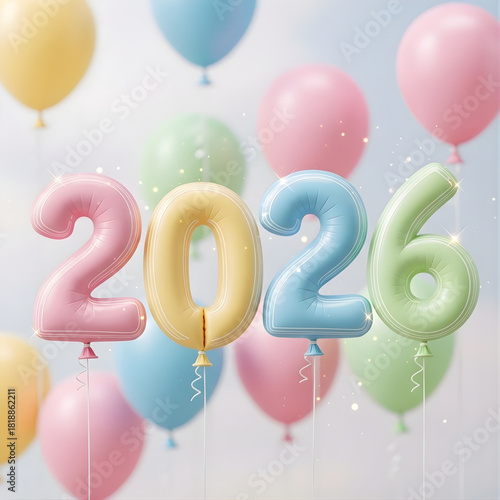 Pastel 2026 balloons new year celebration with soft colors and sparkling glitter