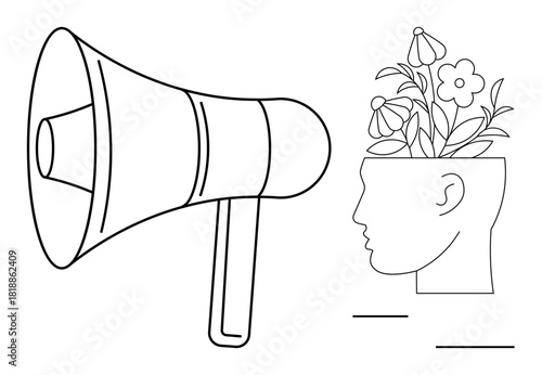 Megaphone at left symbolizes expression, sound, and communication. Human head with blooming flowers represents thoughts, creativity, and mental growth. Ideal for creativity, mindfulness, innovation