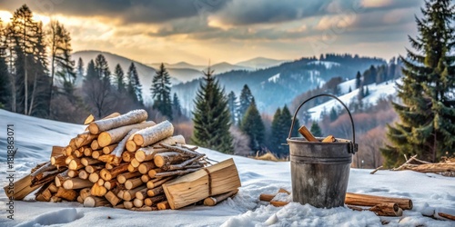Winter Wonderland Firewood Preparation Stacked Logs and Kindling Bucket in Snowy Mountain Setting