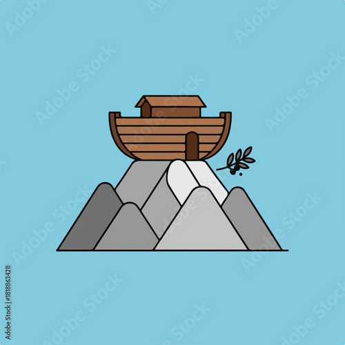 Noah's Ark illustration on a mountain peak symbolizes hope and new beginnings. Noah's Ark is drawn with minimalist details and a branch, representing peace, after flood waters receded.