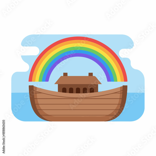 Noah's ark under rainbow shines brightly in clear sky. Noah's ark illustration includes wooden boat floating on water with sunlight reflected on deck.