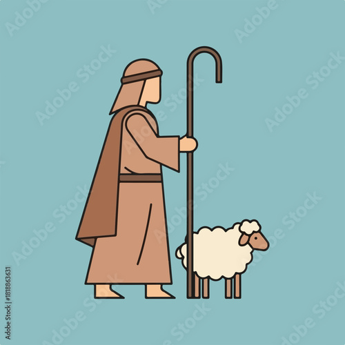Biblical story scene presents a shepherd holding staff with sheep, rendered in minimalistic style on blue background. This biblical story visual evokes traditional tales,