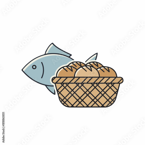 Fish and bread in basket depicting religious stories. Fish and bread arrangement showcases biblical stories with outline style and clean depiction.