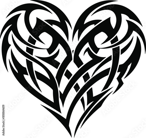 Black tribal heart tattoo design, abstract love symbol with flowing lines and intricate patterns
