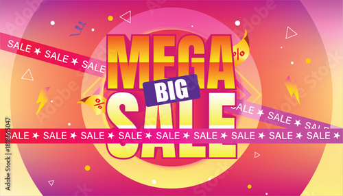 Mega Sale banner featuring bold 3D text, colorful gradient background, confetti, and dynamic sale ribbons.