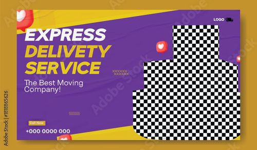 Professional express delivery service and moving company with happy customer and package. Express delivery service flyer with happy courier and package for online orders and fast shipping. Happy man.