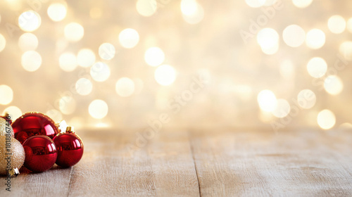 Festive composition of glowing red and gold holiday ornaments on rustic wooden surface with warm bokeh lights creating joyful atmosphere