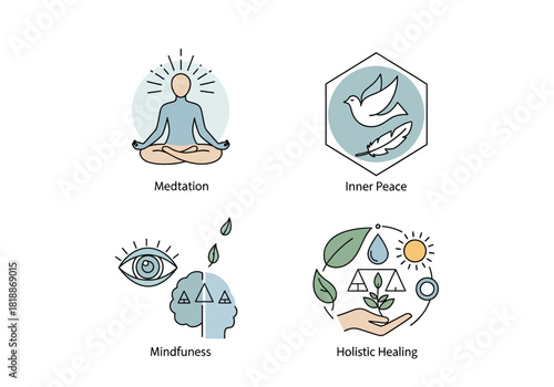 Set of four icons representing meditation mindfulness inner peace and holistic healing concepts.