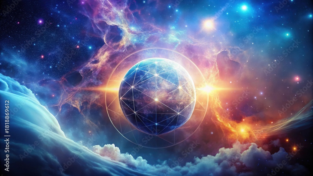 Obraz premium A Celestial Orb Enveloped in Cosmic Nebulae, a Vibrant Display of Interconnectedness and Stellar Energy