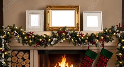 A festive Christmas fireplace mantel is decorated with garlands, stockings, and empty picture frames above a warm fire.