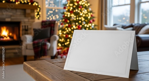 A blank greeting card sits on a wooden table in a warmly decorated living room with a fireplace and Christmas tree.
