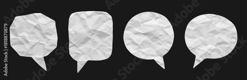 Crumpled cutout white paper speech bubble set, isolated textured dialogue shapes