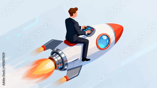 A businessman in a suit rides a rocket over a cityscape, symbolizing the launch and rapid growth of a startup or business venture.