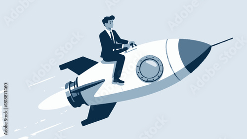 A businessman in a suit rides a rocket over a cityscape, symbolizing the launch and rapid growth of a startup or business venture.